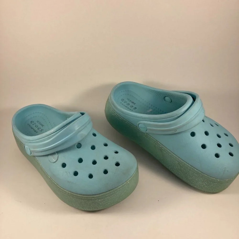 Blue sparkly platform crocs juniors 1